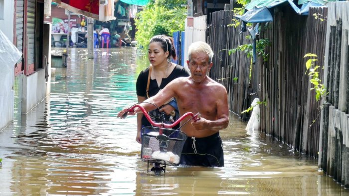 Seit über einer Woche leidet die Gemeinde Wat Bang Luang in Pathum Thanis Sam-Khok-Distrikt unter Hochwasser. Foto: The Nation