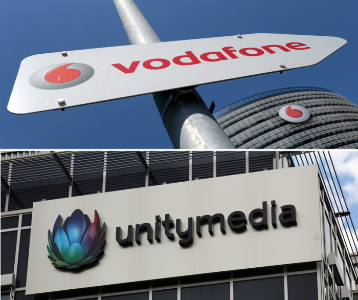 Die Logos der Unternehmen Vodafone und Unitymedia. Foto: ---/Dpa