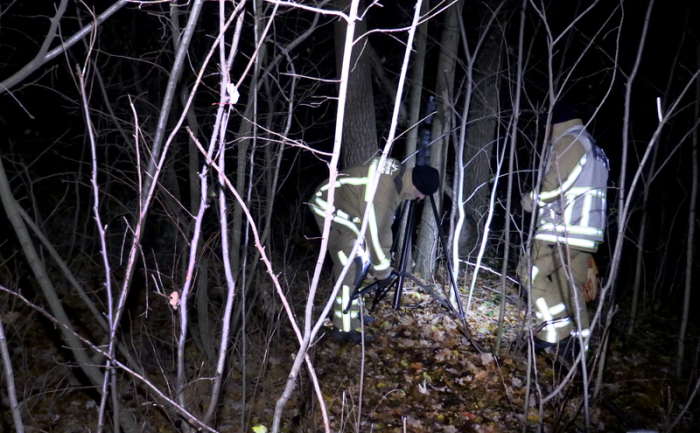 Polizeibeamte untersuchen in Duisburg eine Stelle in einem Wald. Die Polizei hat in einem Wald in Duisburg die Leiche einer jungen Frau gefunden. Foto: ---/Anc-news/dpa