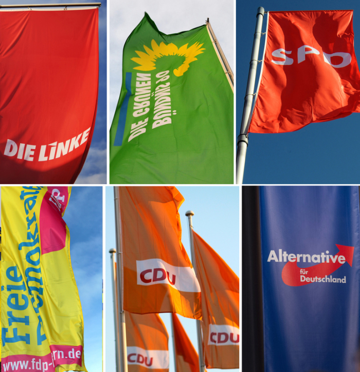 Die Bildkombo zeigt Fahnen mit den Logos der Parteien Die Linke (l-r), Bündnis 90/Die Grünen, Spd, Fdp, Cdu Und Afd. Foto: Julian Stratenschulte/dpa