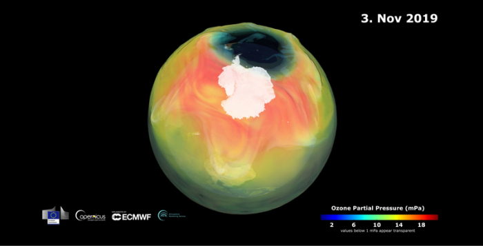 Eine 3d gerendertes Bild der Ausdehnung des Ozonlochs, zur Verfügung gestellt von der ESA. Foto: ---/Esa/dpa