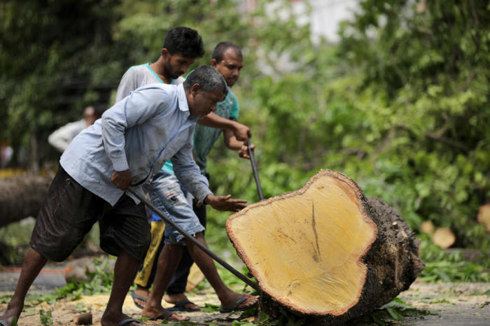 Gemeindemitarbeiter versuchen, einen Baumstamm zu entfernen, nachdem der Zyklon Amphan Bengalen heimgesucht hat; in Kalkutta, Indien, 22. Mai 2020. Foto: epa/Piyal Adhikary
