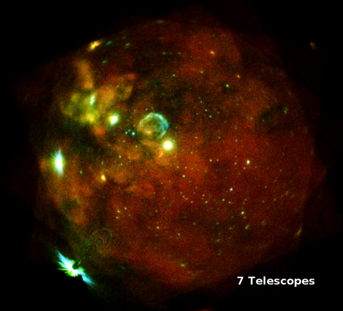 Das Bild zeigt unsere Nachbargalaxie, die Große Magellansche Wolke (LMC), beobachtet in mehreren Einzelaufnahmen mit allen sieben eROSITA-Teleskopmodulen am 18. und 19. Oktober 2019. Foto: F.Haberl, M. Freyberg, C. Maitra/Mpe/IKI/dpa
