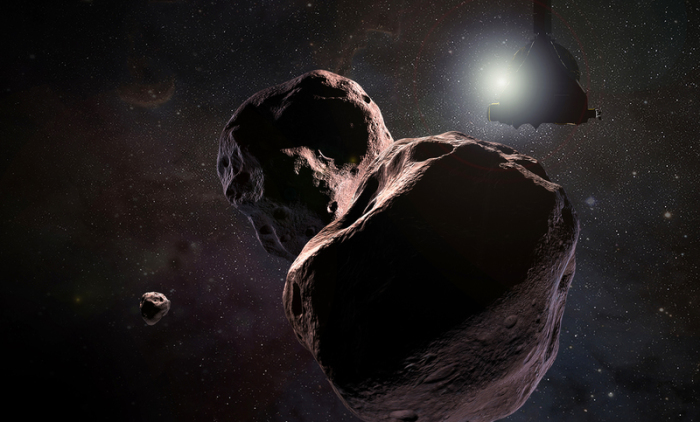 Eine undatierte grafische Darstellung der Begegnung der Nasa-Sonde «New Horizons» (r) mit einem Objekt im sogenannten Kuipergürtel. Foto: Steve Gribben/Nasa/JHUAPL/SwRI/dpa