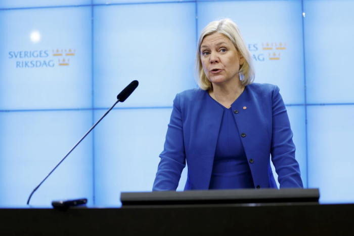 Die schwedische Finanzministerin Magdalena Andersson auf einer Pressekonferenz. Foto: epa/Fredrik Persson