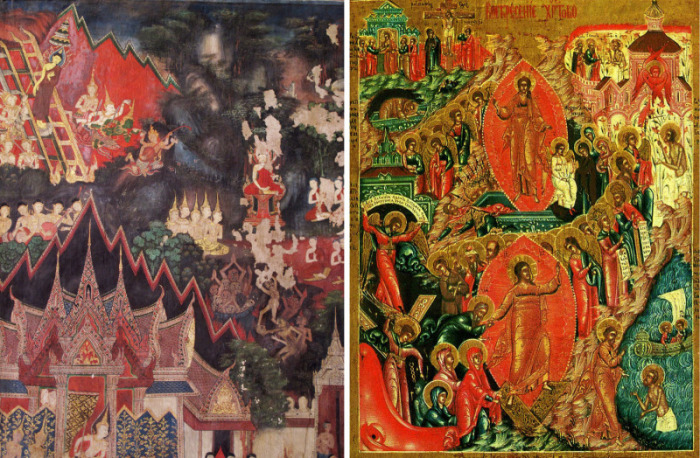 Links: Buddhas Abstieg vom Tavatimsa-Himmel und der Blick in die Welt der Toten (Buddhaisawan-Kapelle Bangkok, Ende 18.Jh.). Rechts: Höllenfahrt Christi und Zug der Erlösten (Russische Ikone, 18. Jh.).