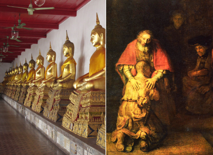 Buddhafiguren im Wat Mahathat, Bangkok (links). Rembrandt van Rijn, Das Gleichnis Jesu von der Umkehr des verlorenen Sohnes, 1666-69 (rechts).