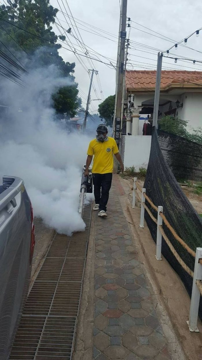 Ein Mitarbeiter der Stadtverwaltung versprüht Chemikalien, um Moskitobrutstätten zu zerstören. Foto: PR Pattaya