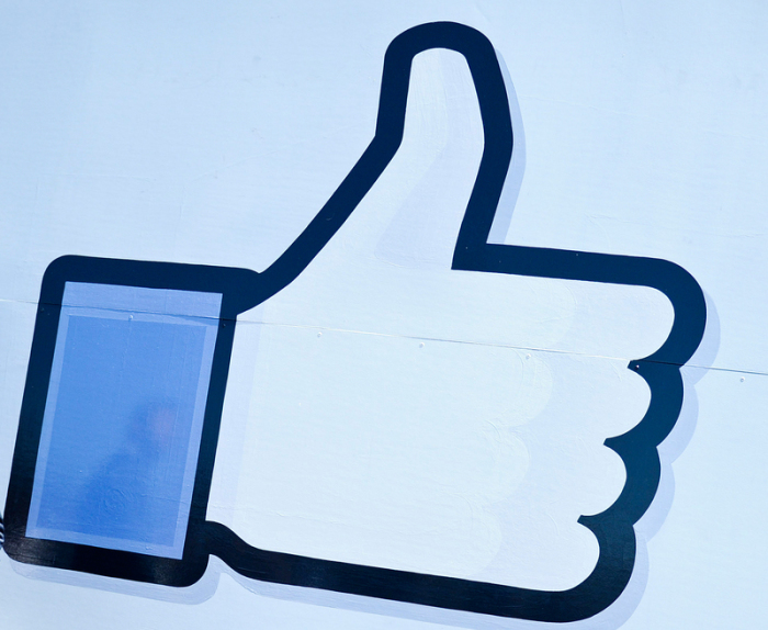 Bei Facebook ist auf einer Wand das «Like»-Symbol - für «gefällt mir» - des Unternehmens zu sehen. Foto: Ole Spata/Dpa