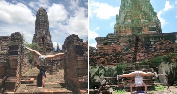 Erneut sorgen unangemessene Fotos von zwei Ausländern im Geschichtspark Ayutthaya für Empörung. Foto: The Nation