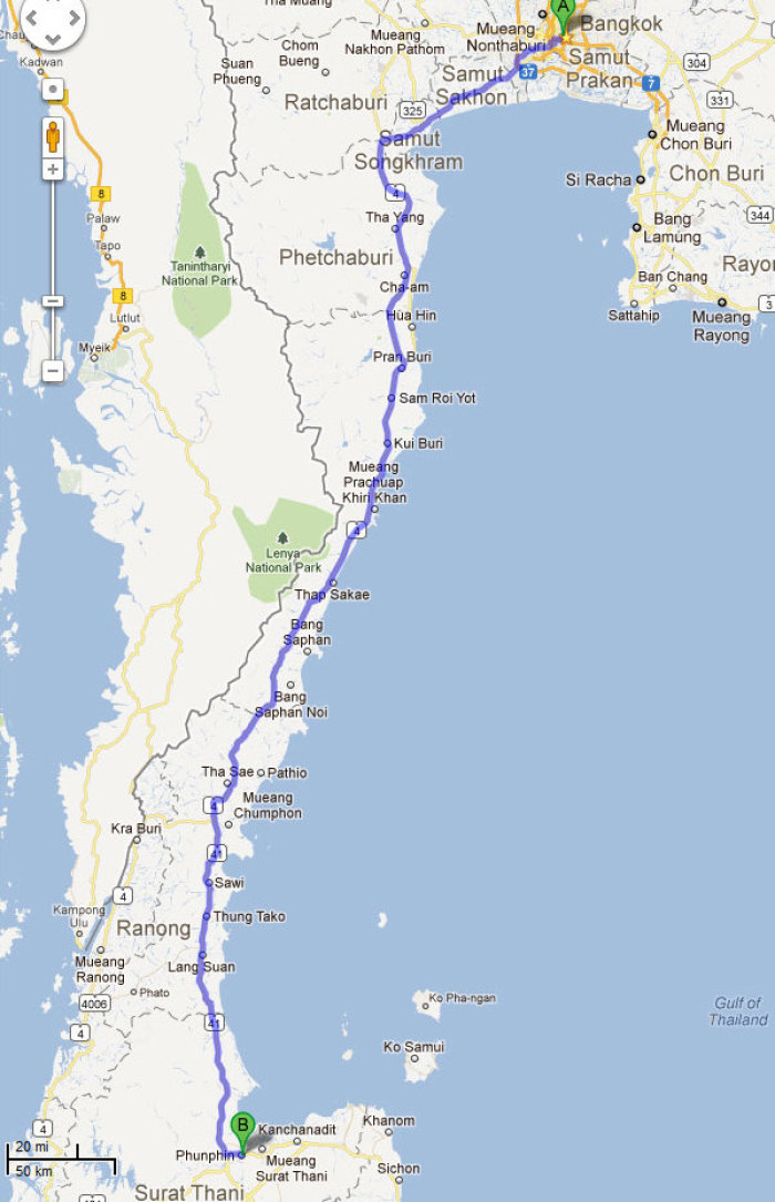 Karte der Zugverbindung von Bangkok in den Süden nach Phunphin bei Surat Thani. 77 Kilometer weiter Richtung Osten über Kanchanadit nach Don Sak (oberhalb Khanoms) wäre die neue Streckenführung.  