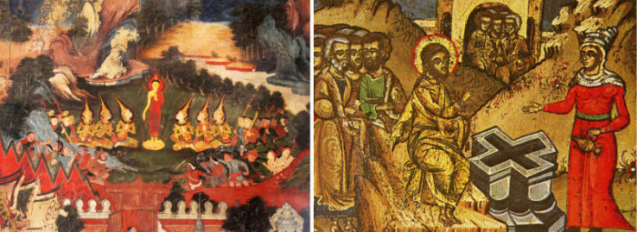Links: Buddha schlichtet Streit in seiner adeligen Verwandtschaft (Buddhaisawan Kapelle Bangkok, Ende 18. Jahrhundert). Rechts: Christus und die Samaritanerin (rumänische Ikone, 18. Jahrhundert).
