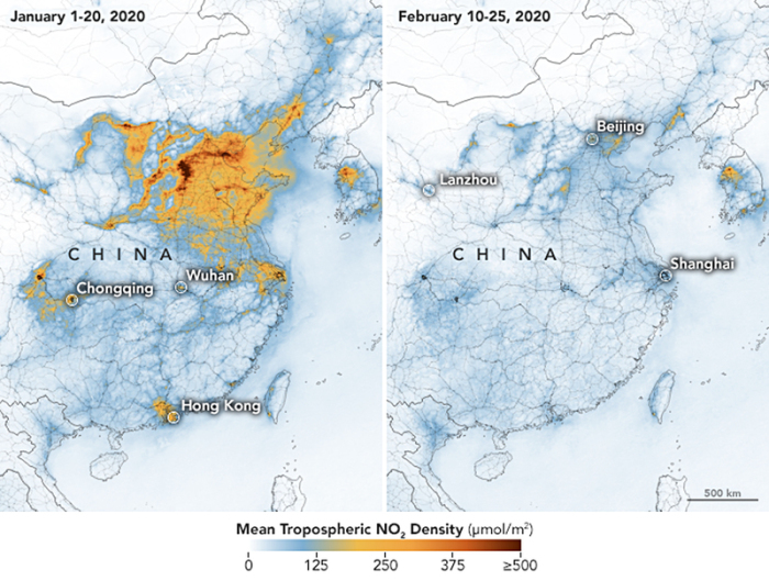 Die Karten zeigen die Konzentrationen von Stickstoffdioxid (NO2) in ganz China vom 1. bis 20. Januar 2020 (vor der Quarantäne wegen des Coronavirus) und vom 10. bis 25. Februar. Foto: -/Nasa/dpa