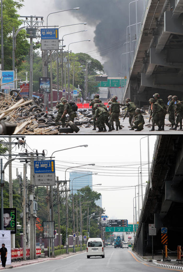 Zwei völlig verschiedene Szenarien an ein und demselben Ort. Oben: Thailändische Soldaten starten einen Übergriff auf die Demonstranten. Unten: Alltagsszene heute am Ort der gewaltsamen Auseinandersetzung. Foto: epa/Rungroj Yongrit