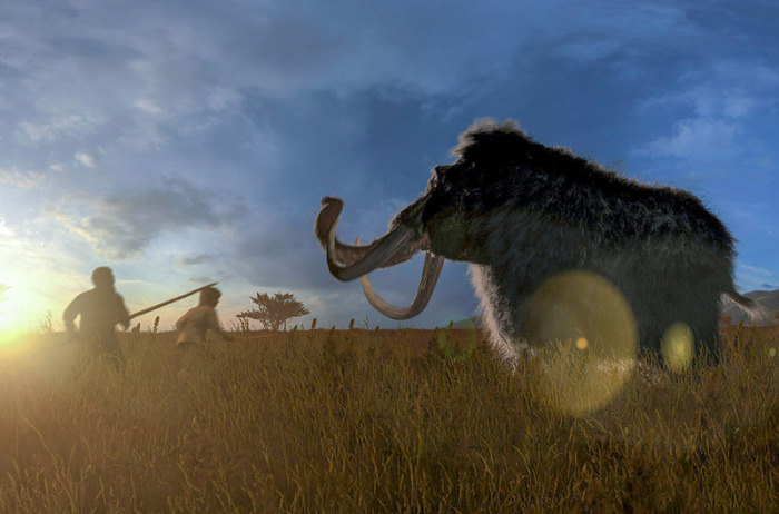 Jäger jagen ein Mammut. Die Dokumentation «Das Ende der Eiszeit-Giganten» wird am Samstag, den 05.10.2019 um 20:15 Uhr bei ARTE gezeigt. Foto: Holger Neuhäuser/Zdf/dpa