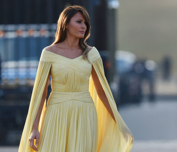US-First-Lady Melania Trump trägt bei der Ankunft eines Dinners ein gelbes Abendkleid. Am 26.04.2020 wird das Ex-Model aus Slowenien 50 Jahre alt. Foto: Geoff Pugh/Telegraph/pa Wire/dpa