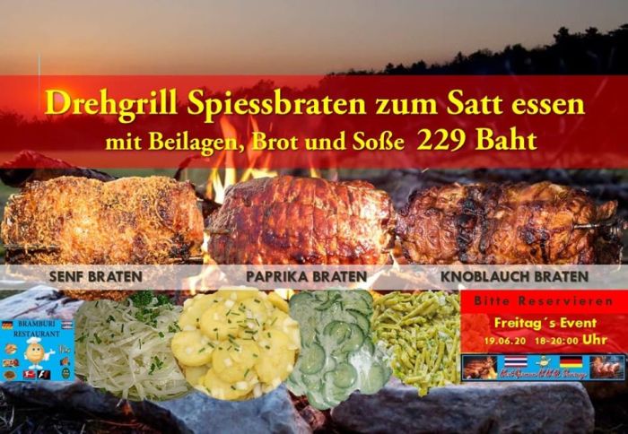 Drei Sorten Spießbraten vom Drehgrill, „all you can eat“, für 229 Baht/ Person, im Bramburi Restaurant in Naklua.
