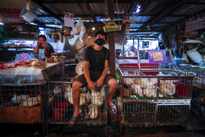 Ein Geflügelhändler wartet auf einem Bangkoker Frischemarkt auf Kundschaft. Laut Handelskammer könnte die Zahl der Arbeitslosen in Thailand auf 10 Millionen steigen, sollte die Krise länger anhalten. Foto: epa/Diego Azubel