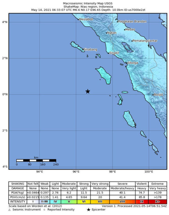 Schweres Erdbeben der Stärke 6,6 vor Nord-Sumatra. Foto: epa/Usgs Handout