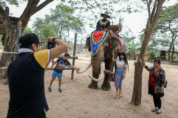Chinesische Touristen im Pattaya Elephant Village. Foto: epa/Diego Azubel