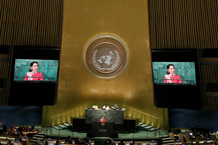  Aung San Suu Kyi bei einer Rede vor der UN-Vollversammlung in New York am 21. September 2016. Foto: epa/Andrew Gombert