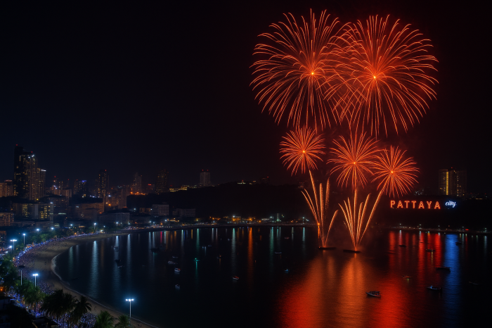 Feuerwerk über der Bucht von Pattaya während des International Fireworks Festival 2025. Foto: KI-Illustration