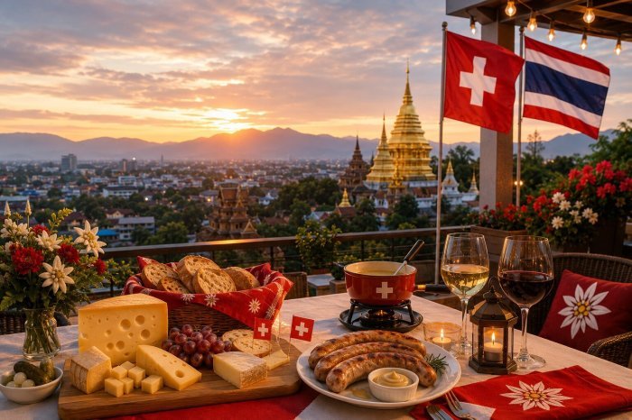 Die Swiss Lanna Society lädt am 1. August zur Nationalfeier mit Apéro, Buffet und Unterhaltungsprogramm ein. Bild: KI generiert