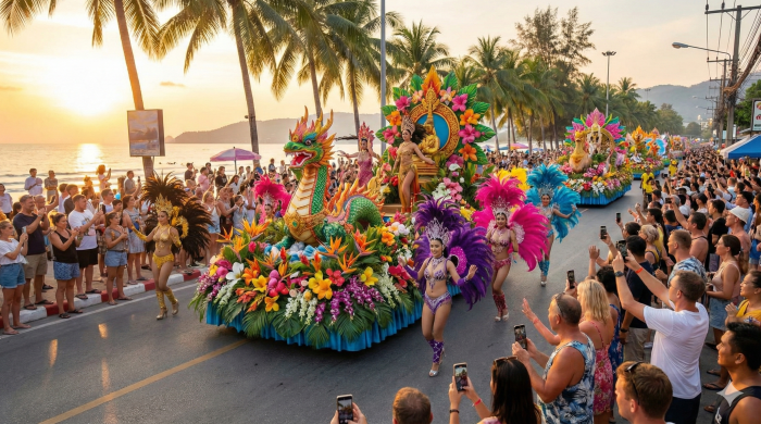 Farbenfrohe Festwagen und Tänzerinnen in Cabaret-Kostümen ziehen während des Phuket Carnival bei Sonnenuntergang durch Patong. Foto: Der Farang (ai)