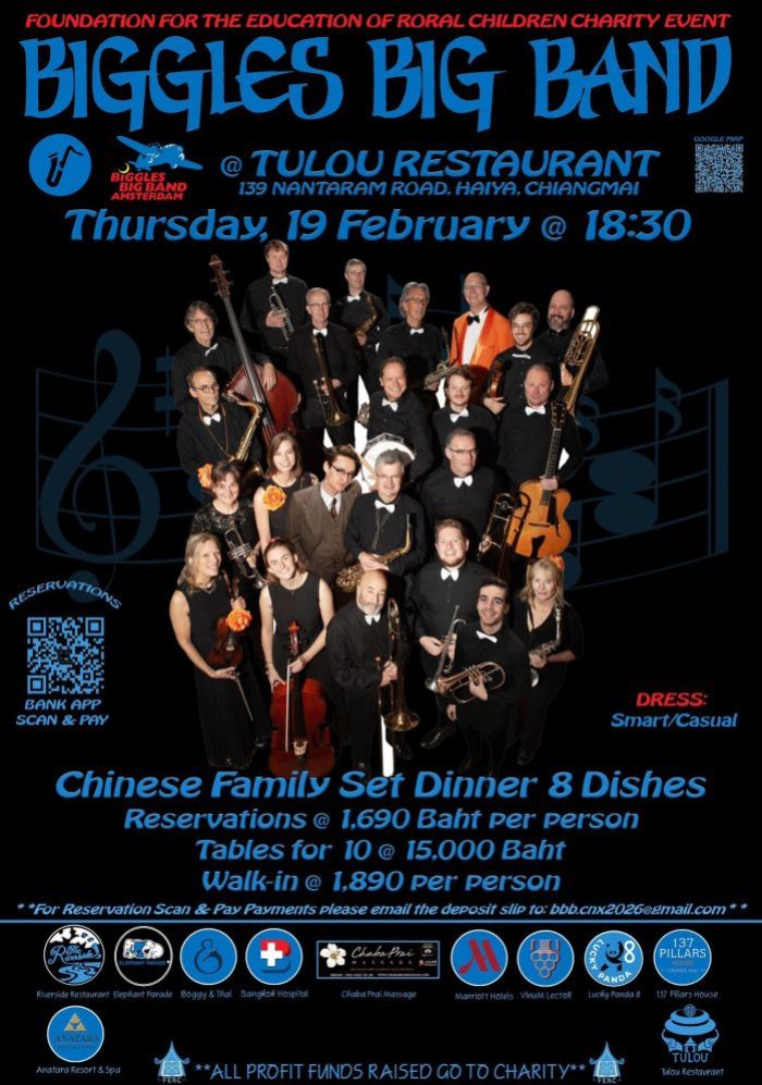 Die Biggles Big Band aus Amsterdam gastiert am 19. Februar 2026 mit einem Benefizkonzert zugunsten von FERC Thailand in Chiang Mai.