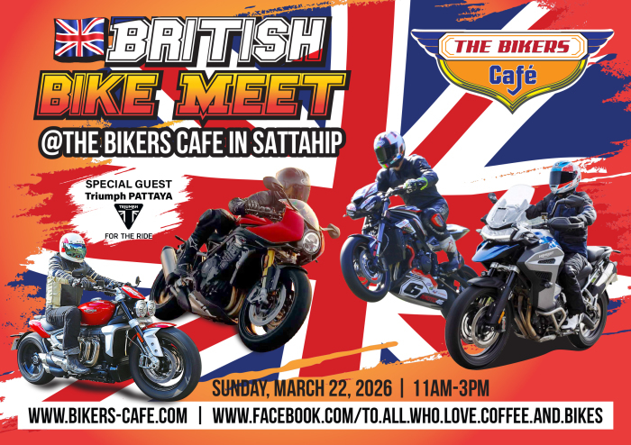 Angekündigt sind unter anderem Testfahrten, Live-Musik sowie ein begleitendes Buffet während der Veranstaltung am 22. März in Sattahip. Fotos: The Bikers Café Thailand