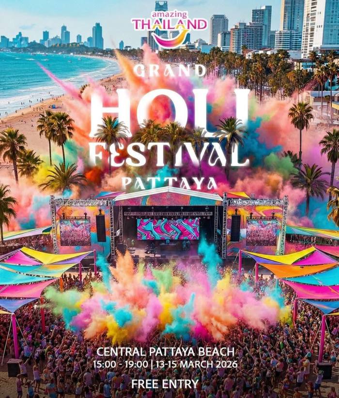 Das Holi Festival in Pattaya ist von dem traditionellen indischen Frühlingsfest geprägt, bei dem Besucher farbiges Pulver in die Luft werfen und gemeinsam feiern. Bild: PR Pattaya