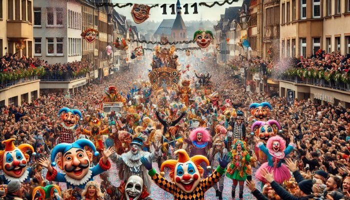 Karnevalsbeginn in Deutschland: Bunte Kostüme, jubelnde Menschen und Konfetti, während um 11:11 Uhr die Feierlichkeiten starten. Freude erfüllt die Straßen und Plätze. Foto generiert von OpenAI's DALL·E 