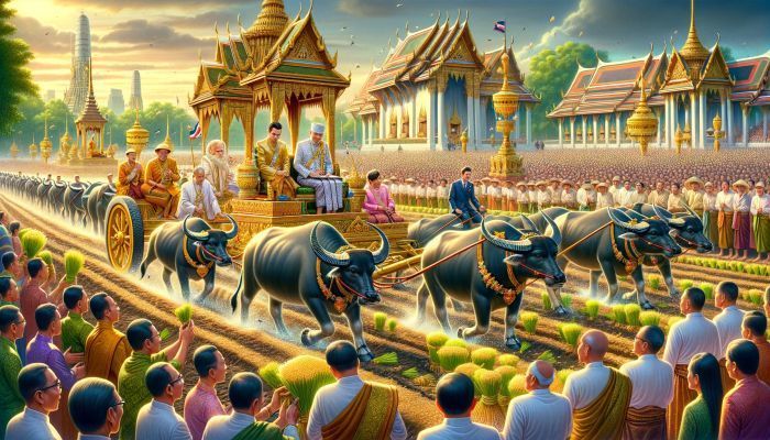 Traditionelles königliches Pflügen in Bangkok, bei dem ein königliches Mitglied die Aussaat überwacht, umgeben von Brahmanen und Regierungsbeamten. Foto generiert von OpenAI's DALL·E 