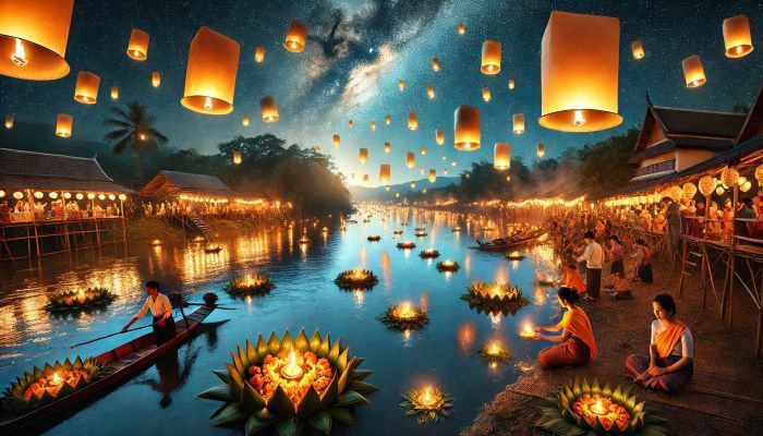 Beim Loy Krathong-Fest in Thailand erleuchten Laternen den Nachthimmel, während auf dem Fluss Kerzen in Krathongs treiben, die Ruhe und Schönheit des Abends symbolisierend. Foto generiert von OpenAI's DALL·E 
