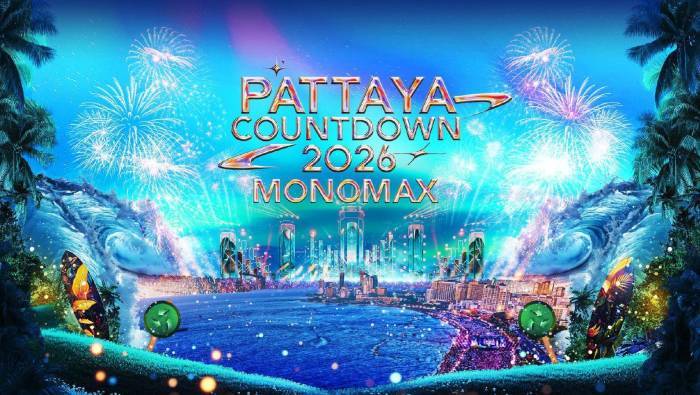 Der Strand von Pattaya erscheint in einer fantasievollen Silvesterkulisse zum Countdown 2026. Bild: TMN.TV