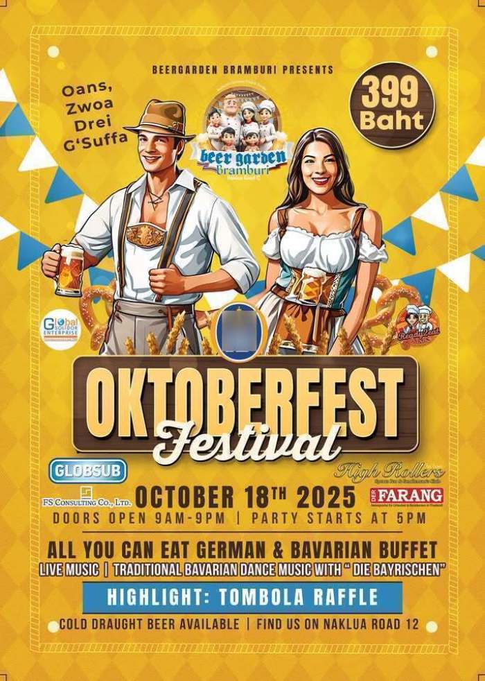 Oktoberfest im Bramburi in der Soi 12 in Naklua: 18. Oktober 2025 – mit, Buffet, Livemusik von „Die Bayrischen“, Tombola und Oktoberfestbier! Foto: Beergarden Bramburi