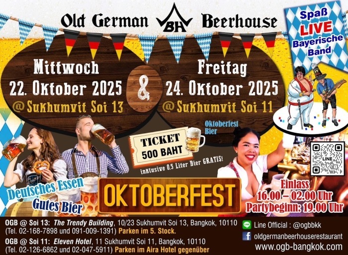 Das Old German Beerhouse feiert am 22. & 24. Oktober 2025 in Bangkok sein stimmungsvolles Oktoberfest.