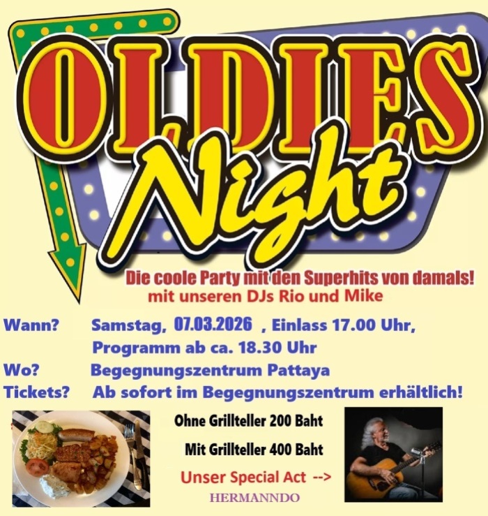 Bei der „Oldies Night“ im Begegnungszentrum Pattaya in Naklua sorgen DJs und Live-Musik für Stimmung mit Klassikern aus vergangenen Jahrzehnten. Bild: BZP