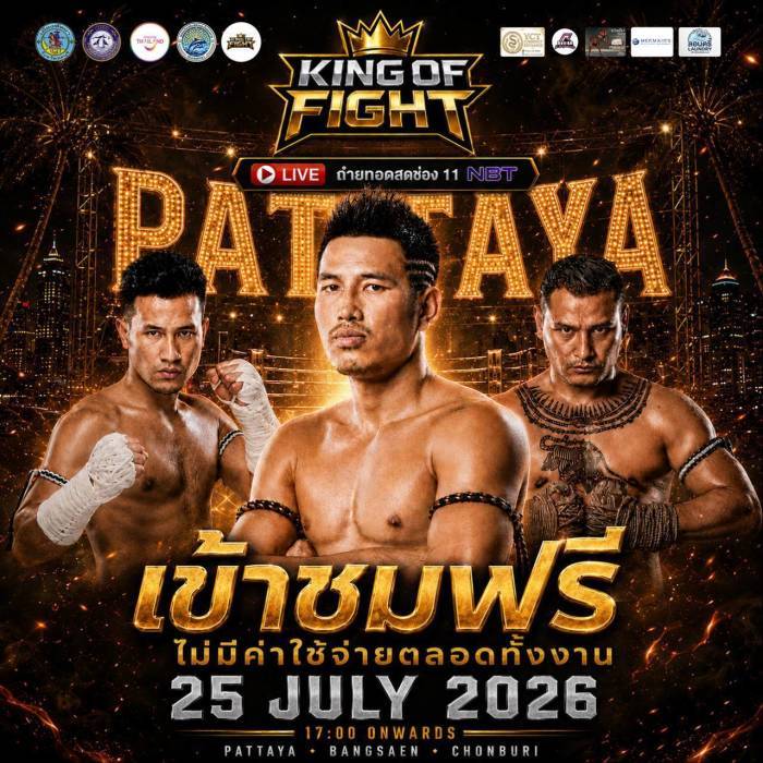 Mit „King of Fight: Sand Fury by Pattaya“ verwandelt sich der Central Pattaya Beach am 25. Juli in eine Freiluftarena für Muay Thai. Bilder: TMN.TV