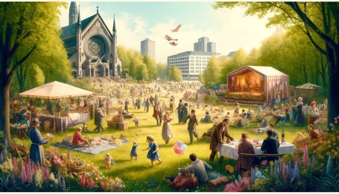 Pfingstmontag in einem europäischen Stadtpark: Familien genießen Musik und Spiele, umgeben von blühender Natur und festlicher Stimmung. Foto generiert von OpenAI's DALL·E 