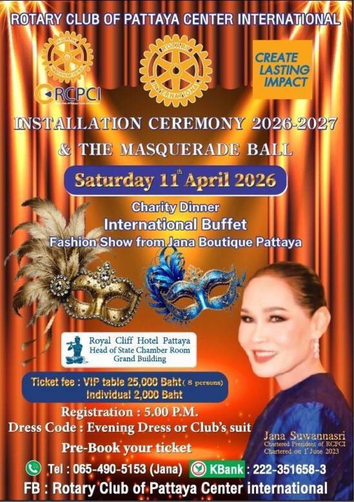 Die Veranstaltung des Rotary Clubs kombiniert feierliche Amtseinführung, Maskenball und Charity-Dinner im Royal Cliff Hotel Pattaya. Bild: RCPCI