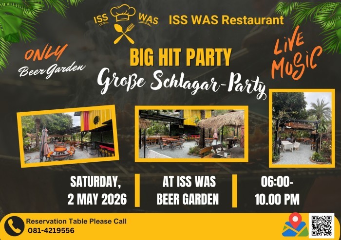Der Biergarten des ISSWAS Restaurants dient am 2. Mai 2026 als Veranstaltungsort für eine Schlagerparty mit Live-Musik. Bild: ISSWAS German Restaurant