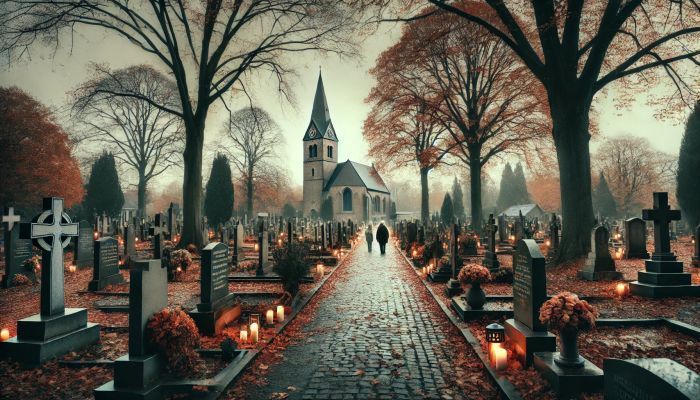 Am Totensonntag gedenken Menschen still ihrer Verstorbenen. Friedhöfe sind mit Kerzen und Blumen geschmückt, während die herbstliche Landschaft Ruhe und Besinnung ausstrahlt. Foto generiert von OpenAI's DALL·E 