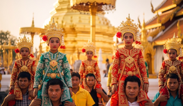 Kleine Prinzen ganz groß: Beim farbenfrohen Poy-Sang-Long-Festival in Nordthailand werden die Novizen prunkvoll geschmückt zum Tempel getragen. Foto: DER FARANG (AI)