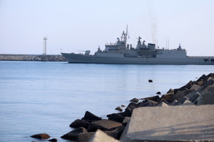 Greek Navy frigates Kimon and Psara deployed at Limassol port. Photo: epa/GEORGE CHRISTOFOROU