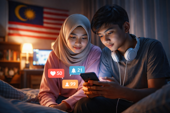 Zwei Jugendliche nutzen gemeinsam ein Smartphone in häuslicher Umgebung – Symbolbild für die Debatte um strengere Alterskontrollen und Jugendschutz in sozialen Medien in Malaysia. Foto: Der Farang (ai)