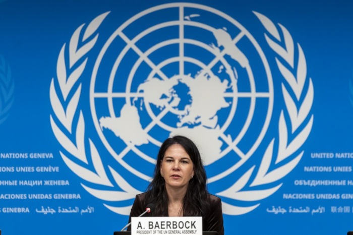 UN-Vollversammlungspräsidentin Annalena Baerbock spricht bei einer Pressekonferenz während der Sitzung des UN-Menschenrechtsrats in Genf. Foto: epa/Salvatore Di Nolfi