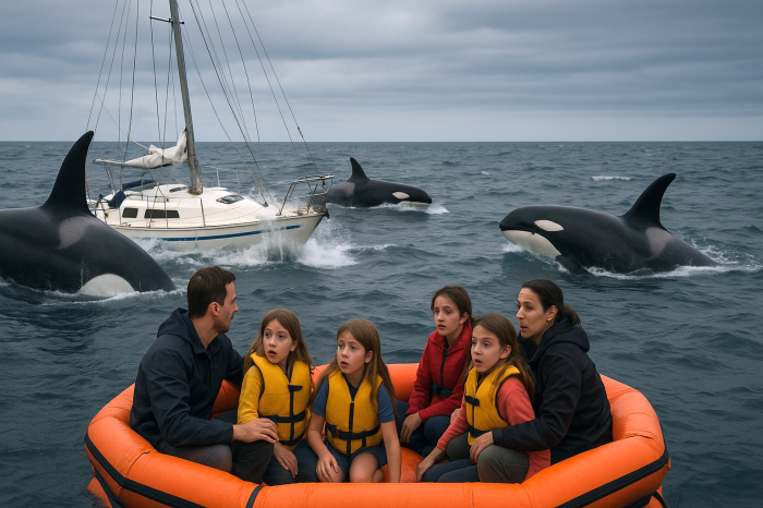 Eine Familie rettet sich vor sinkender Segeljacht in ein Rettungsfloß, während Orcas um das Boot kreisen. Foto: Ki-illustration