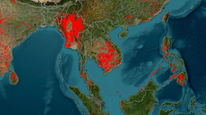 Satellitenbilder enthüllen eine alarmierende Ansammlung roter Wärmequellen in Thailands Nachbarländern, ein deutliches Zeichen für Umweltbedrohungen. Foto: Thairath