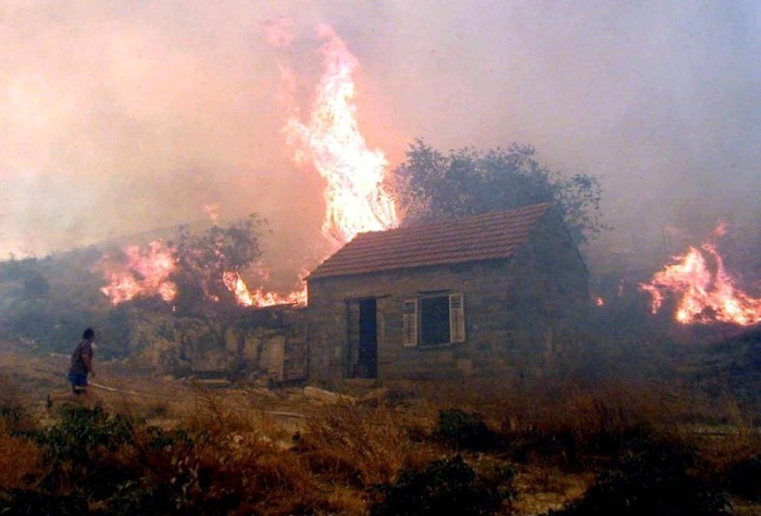 Ein unbekannter Mann sieht hilflos zu, wie Waldbrände sein Grundstück im Dorf Dzelalije in der Nähe von Sibenik verschlingen. Foto: epa/Str